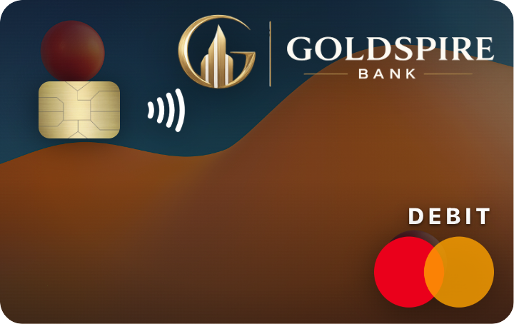 Goldspire Access Checking debit card, navy and bronze design