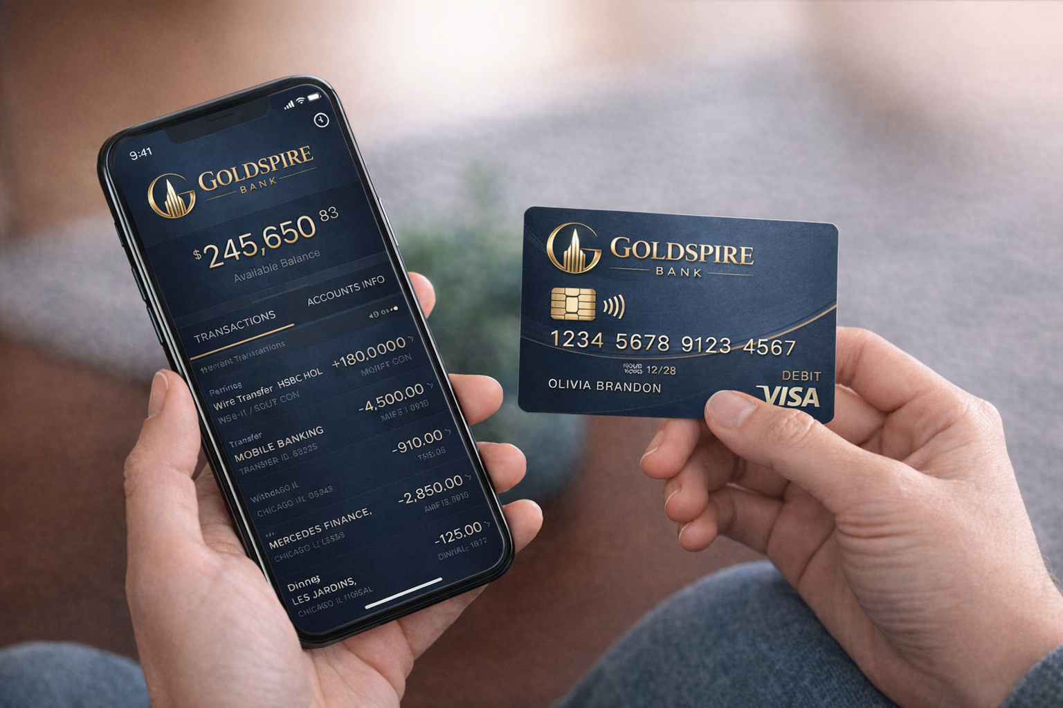Goldspire mobile banking on a smartphone next to a debit card.